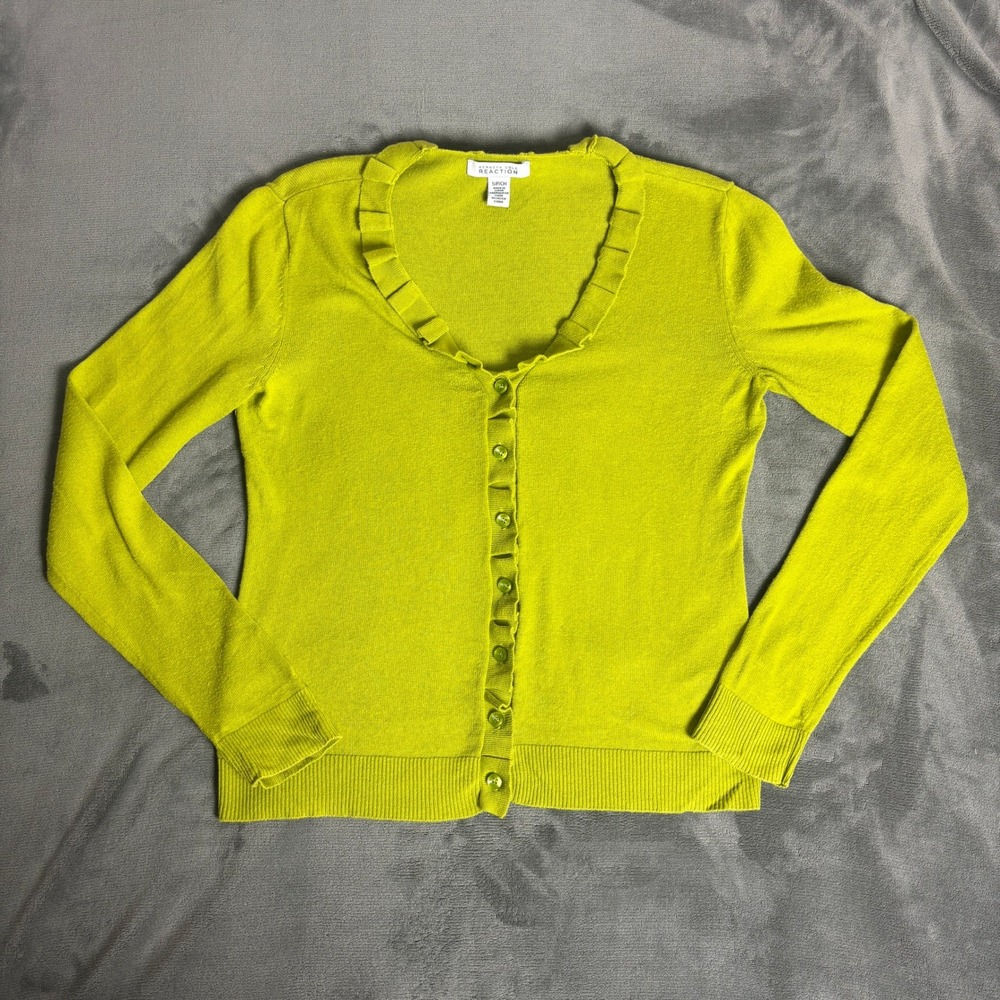 Kenneth Cole Reaction Chartreuse Ruffle Neck Button Front Cardigan Sweater Small